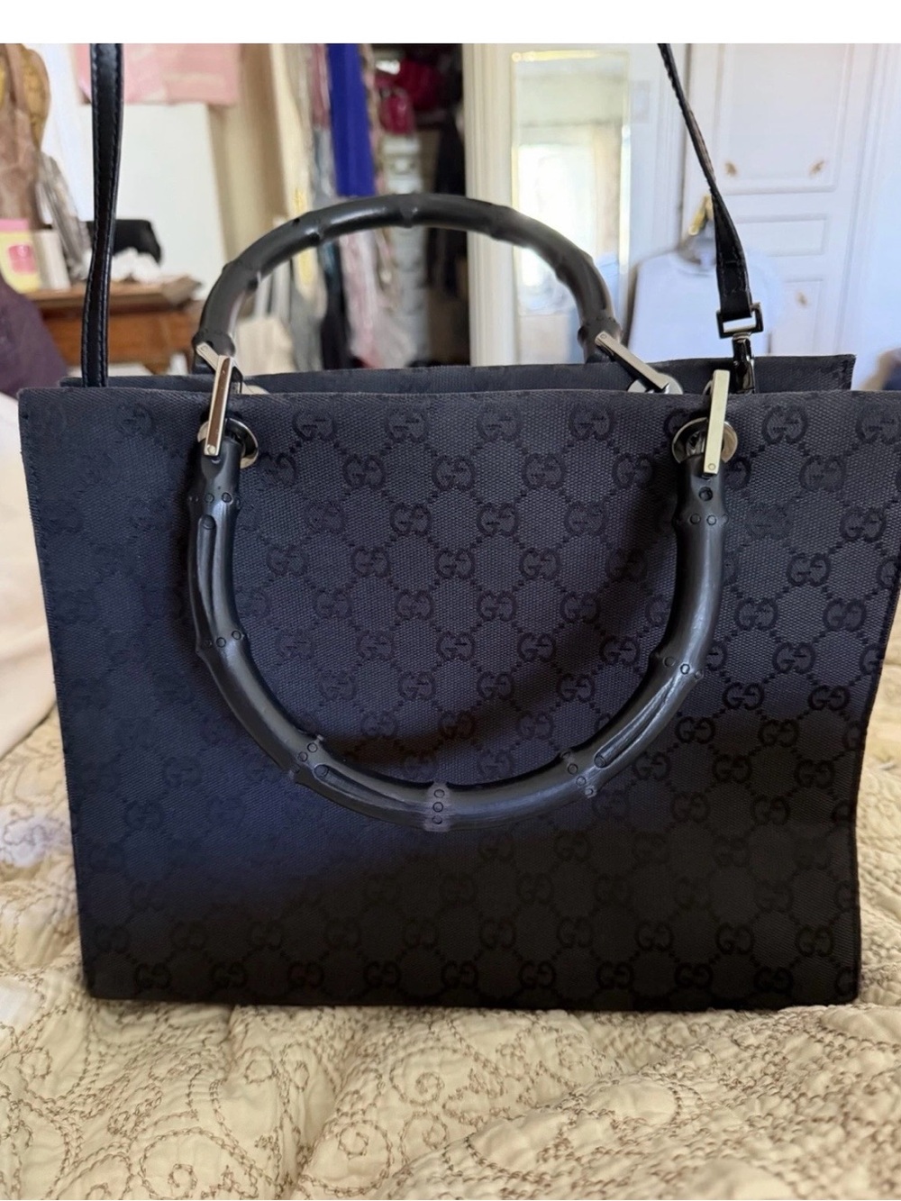 Gucci Black GG Monogram Tote with Bamboo-Style Handles